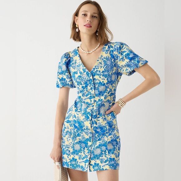 J Crew Button Front Puff Sleeve Blue Floral Twill Mini Dress NWT - Picture 2 of 9